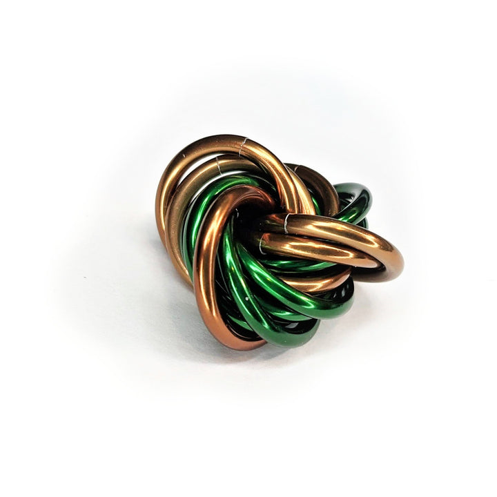 Multicolor metal fidget ball with braided loops, gold green brown and black