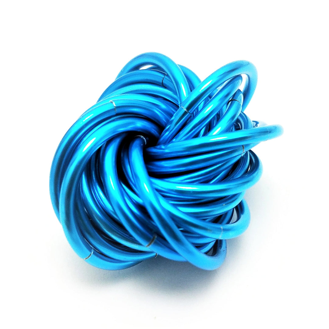 Light blue metallic twist fidget stress ball, knotted loop desk toy.
