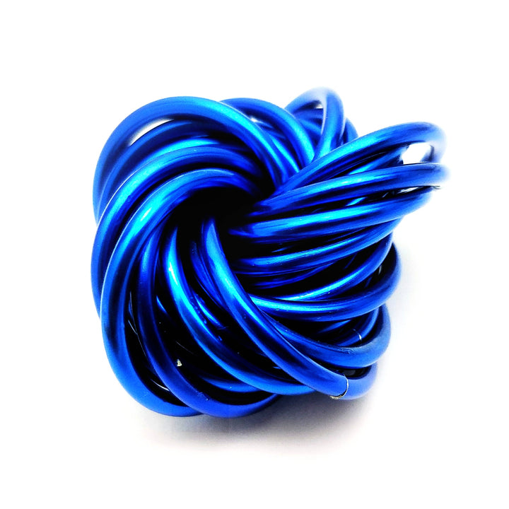 Blue and dark blue metallic stress ball fidget toy with twisted looped cords.