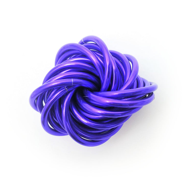Purple metallic stress ball fidget toy, twisted looped cords ball shape.