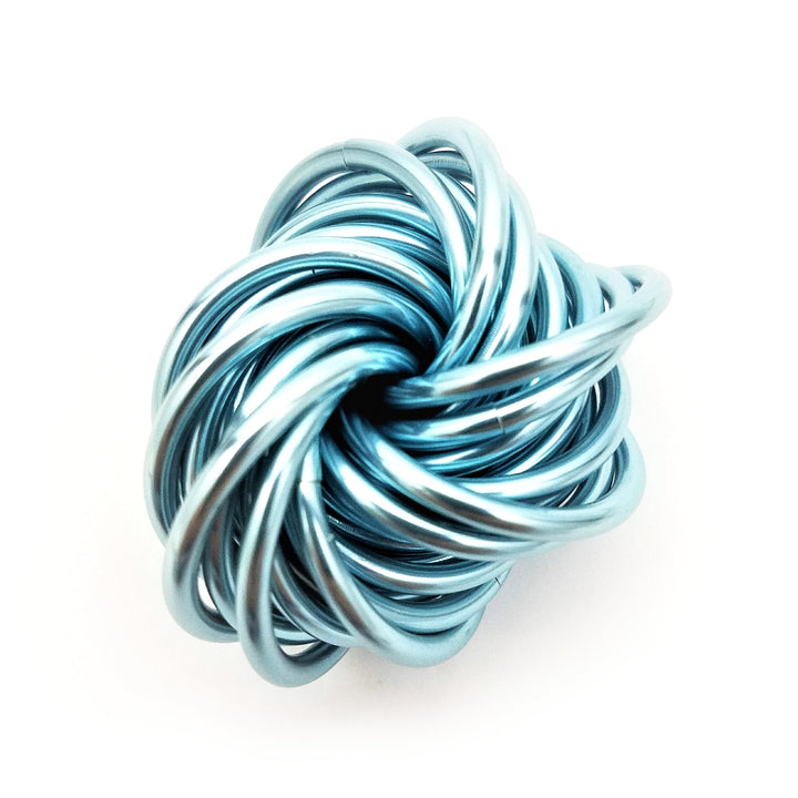 Light blue and silver metallic stress ball fidget toy with twisted looped cords.