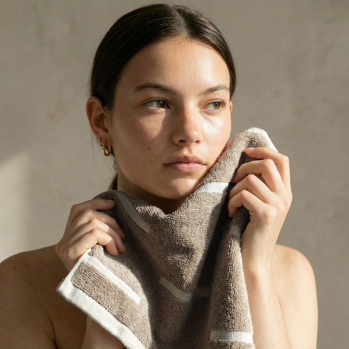 Gray and ecru striped cotton hand towel held close to the face.