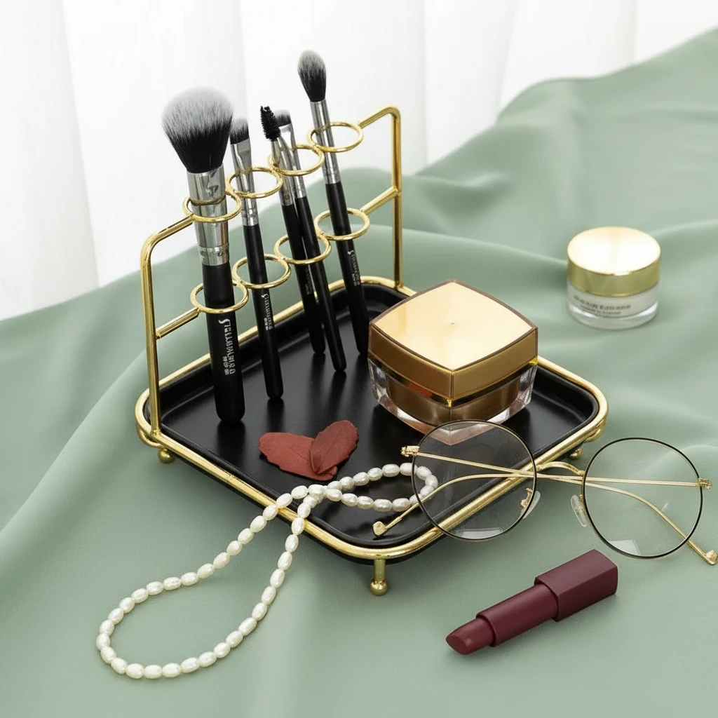 Modern Gold and Ceramic Vanity Cosmetics Organizer