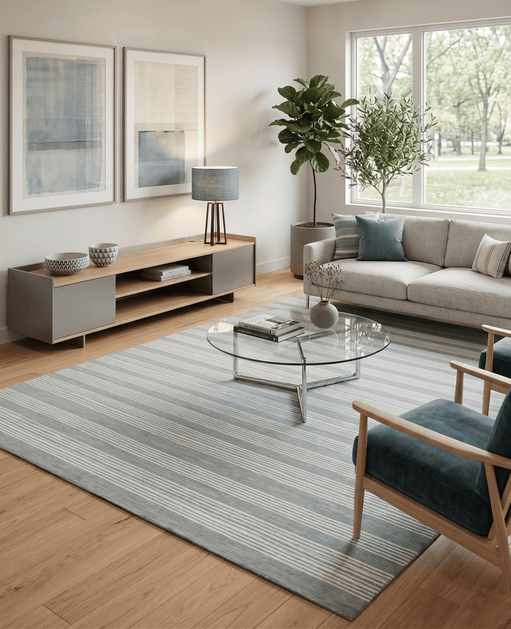 Modern Stripes Pattern Grey and Ivory Hand Tufted Wool Area Rug