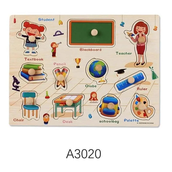 Wooden school-themed puzzle board with chalkboard and classroom objects cutouts