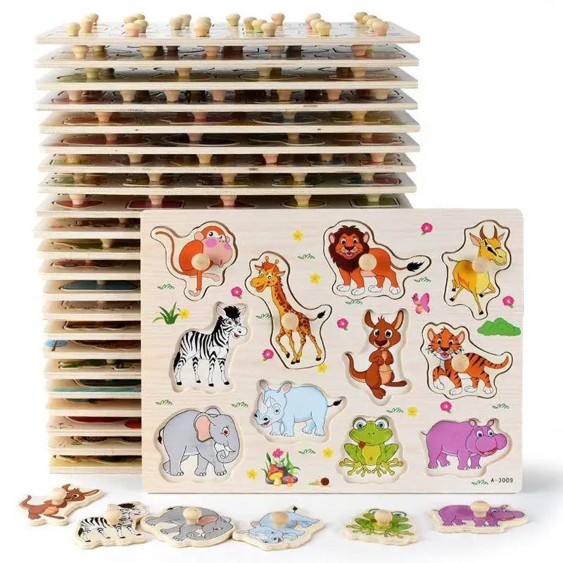 Animal-themed wooden puzzle board with raised animal cutouts and wooden knobs