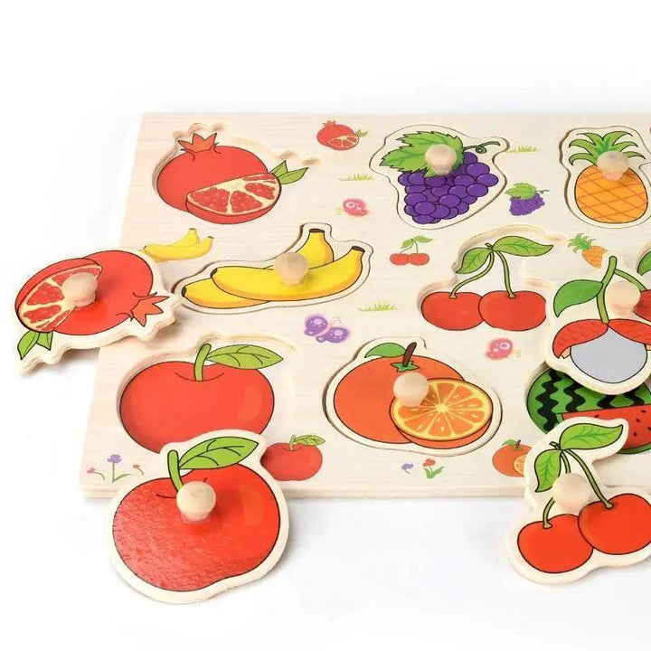 Fruits wooden puzzle board with raised cutouts and small round wooden knobs
