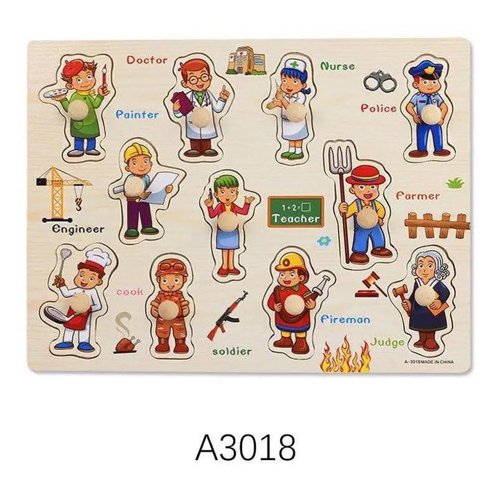 Occupation-themed wooden puzzle grab board with peg knobs and cartoon workers figures.