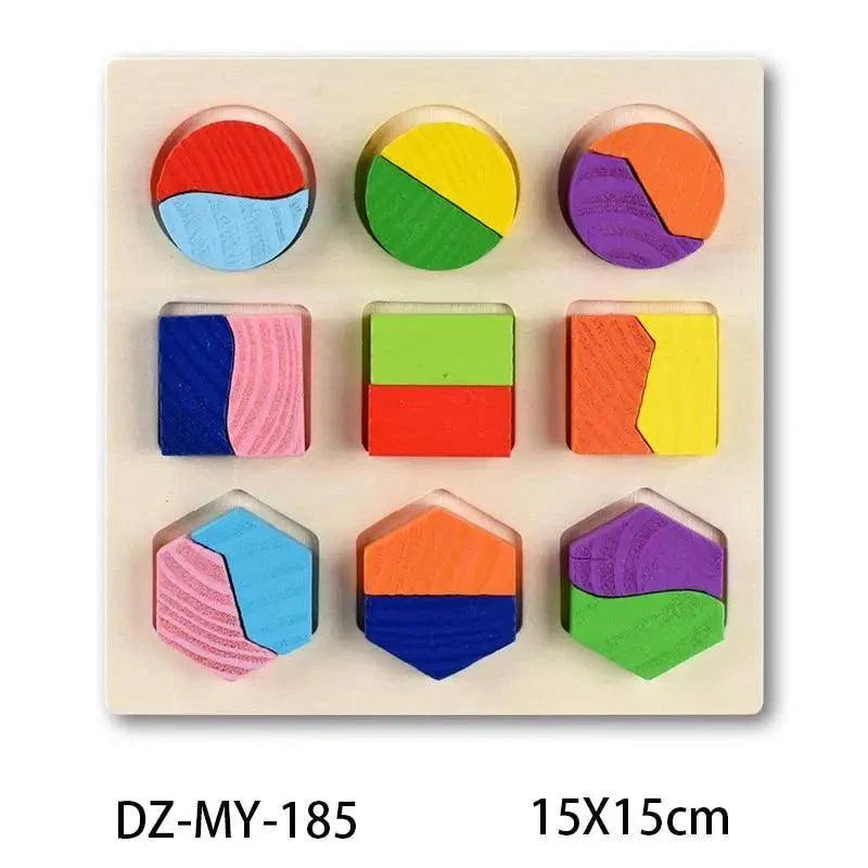 Wooden shape sorter puzzle board with circular and polygon pieces in multicolor blocks