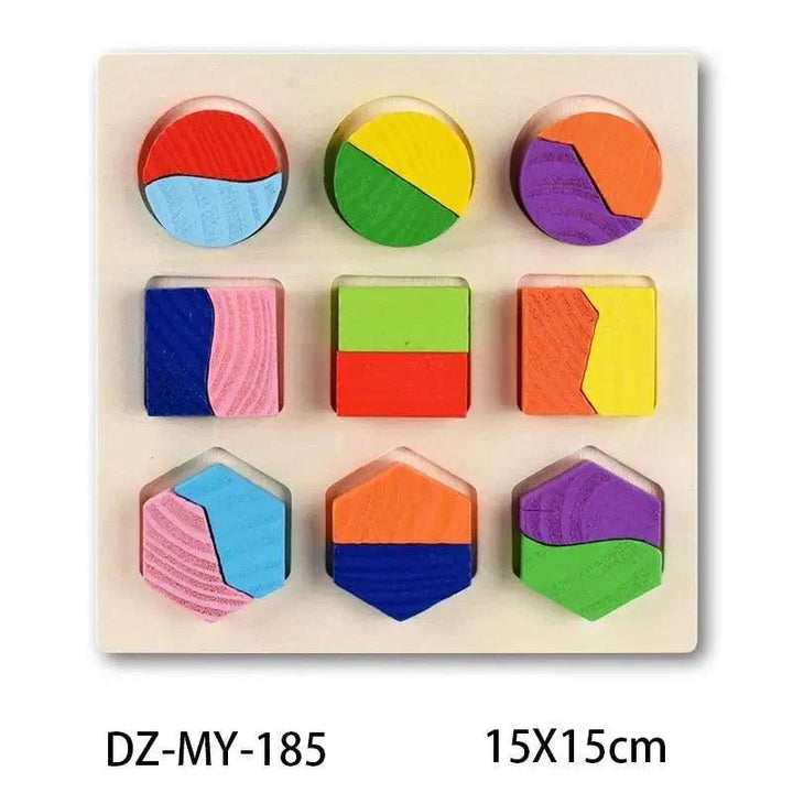 Wooden shape sorter puzzle board with circular and polygon pieces in multicolor blocks