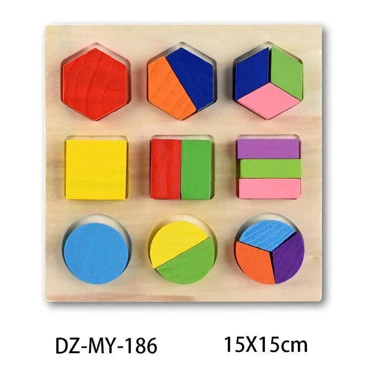 Wooden shape sorter puzzle board with hexagon, rectangle, and circle pieces in bright colors