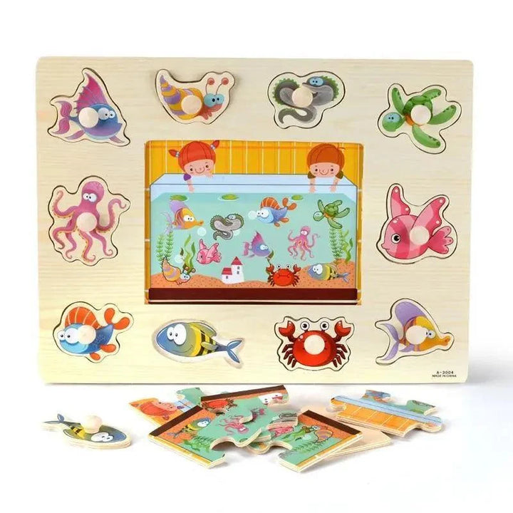 Underwater scene wooden puzzle board with sea-animal cutouts and wooden pieces