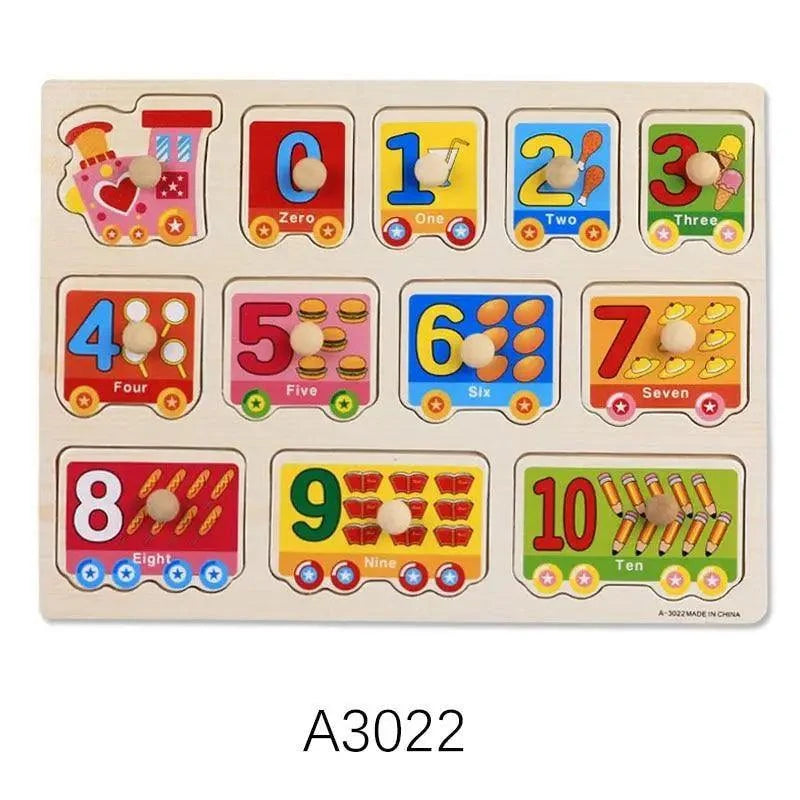 Number-themed wooden puzzle grab board with counting images and peg knobs 1 to 10.