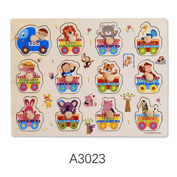 Animal-themed wooden puzzle grab board with colorful vehicle train pictures and peg knobs.