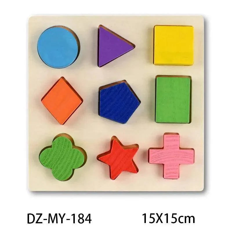 Wooden shape sorter puzzle board with geometric pieces in blue, purple, yellow, orange, green