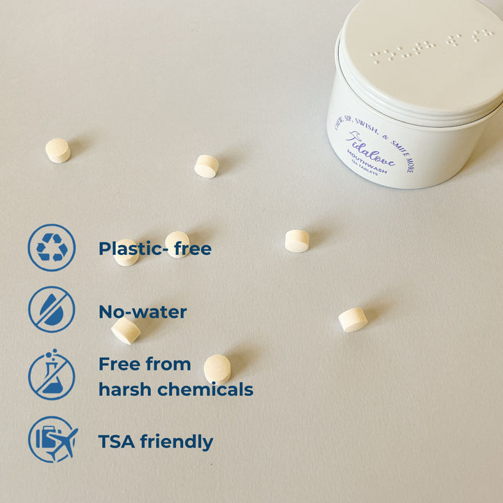 Refill jar with scattered white mouthwash tablets and plastic-free no-water icons