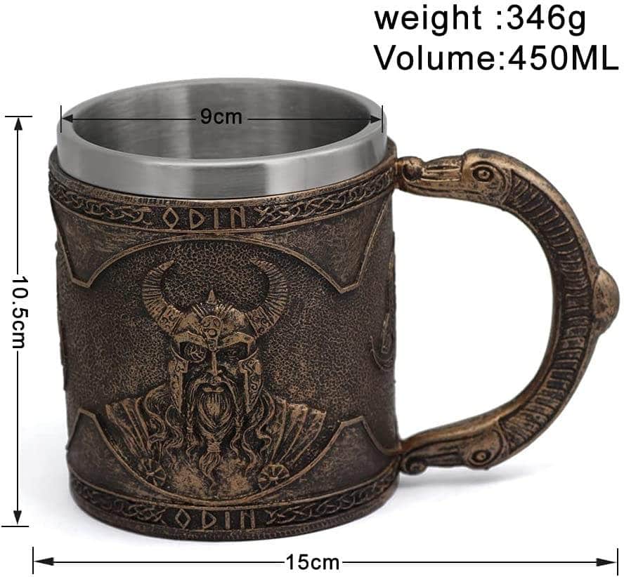 Embossed dark bronze stainless steel mug with Odin raven motif, full view