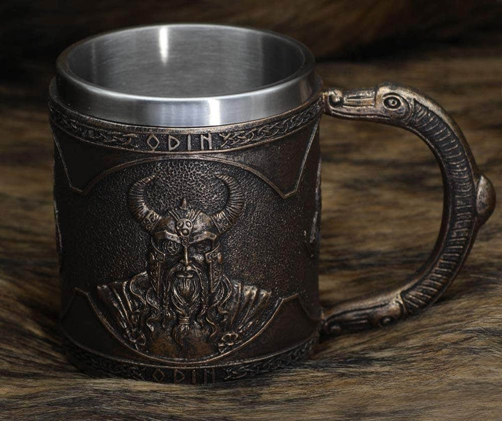 Embossed dark bronze stainless steel mug with Odin figure and curved handle