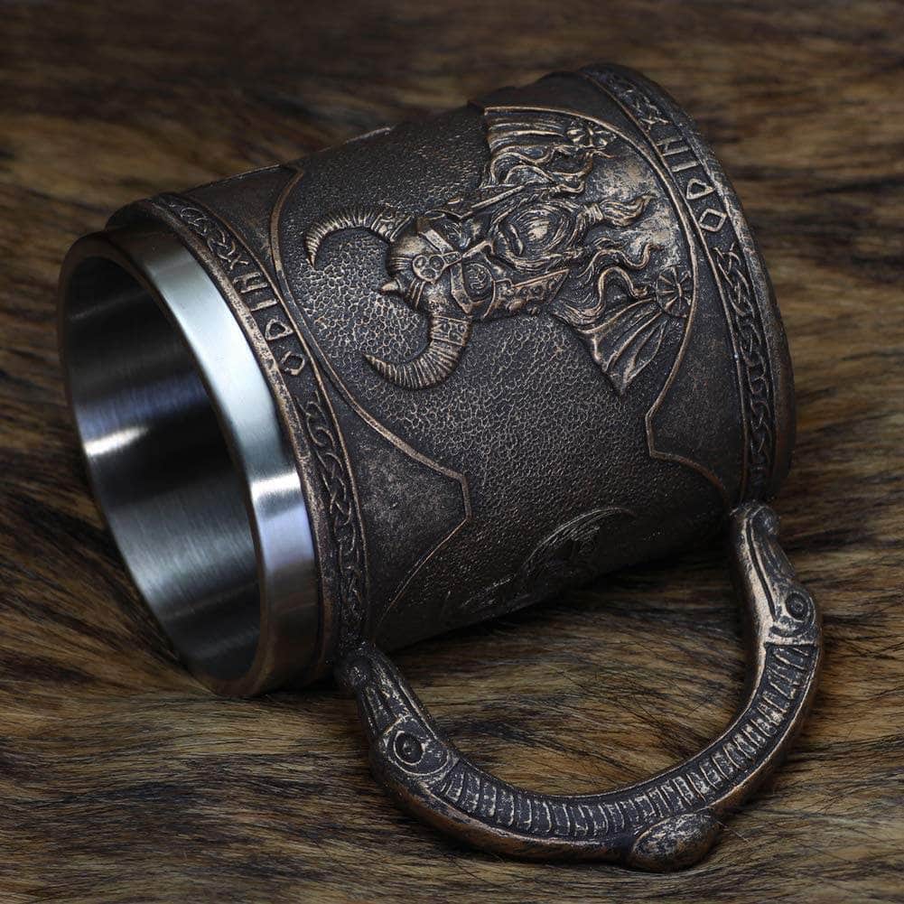 Embossed dark bronze stainless steel mug with Odin figure relief and side handle