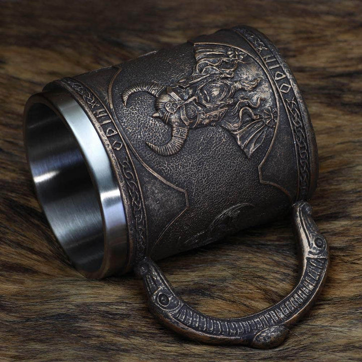 Embossed dark bronze stainless steel mug with Odin figure relief and side handle