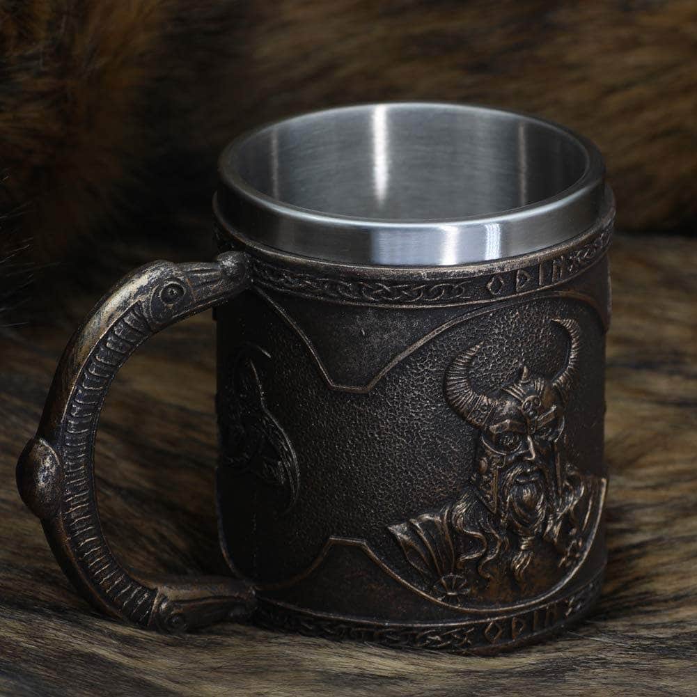 Embossed dark bronze stainless steel mug with Odin raven motif and side handle