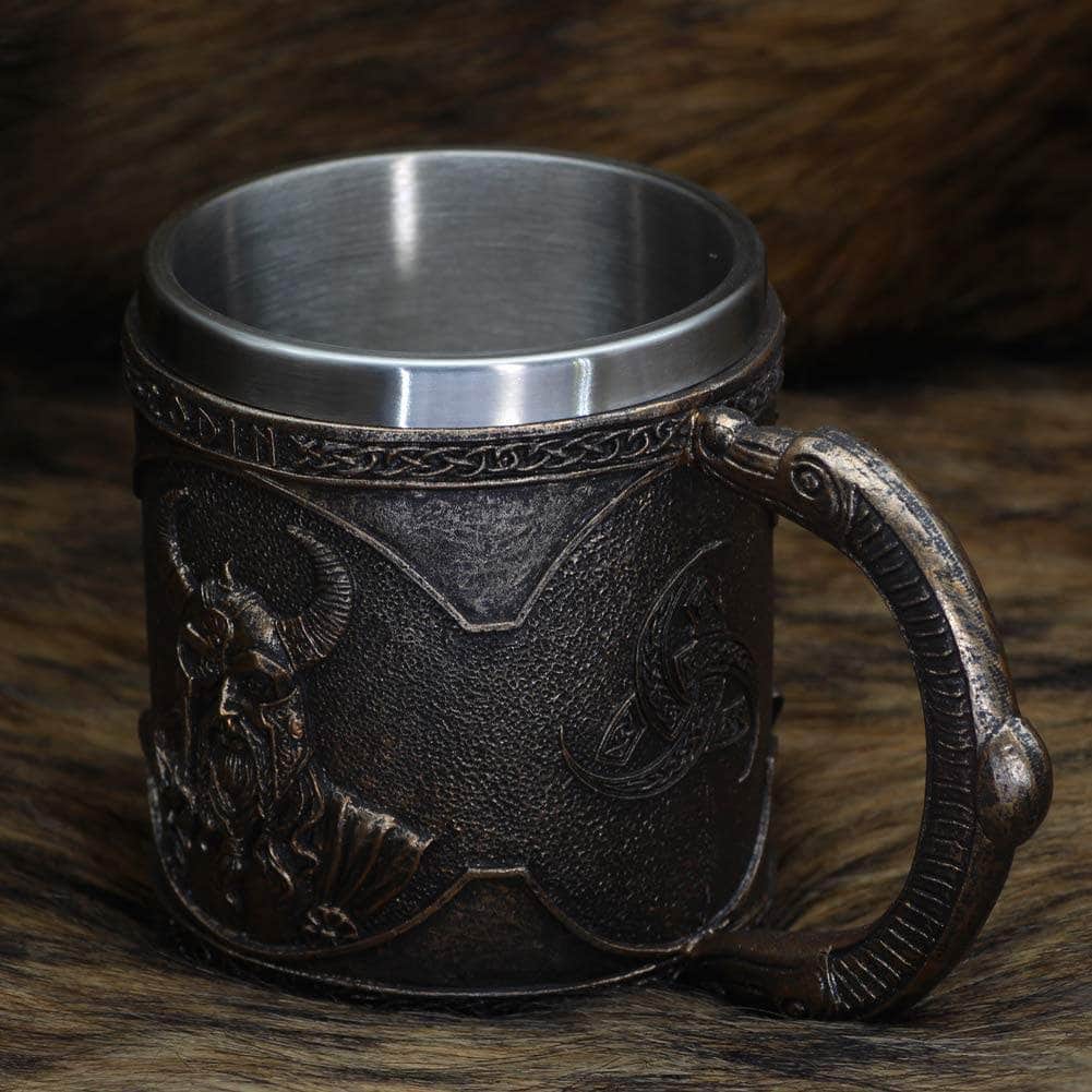 Embossed dark bronze stainless steel mug with Odin figure relief and curved handle
