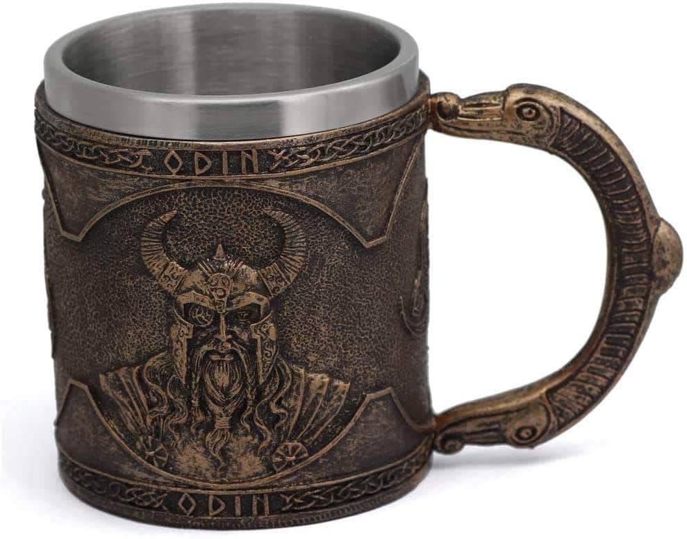 Embossed dark bronze stainless steel mug with Odin raven motif and curved handle
