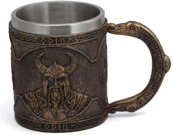 Embossed dark bronze stainless steel mug with Odin raven motif and curved handle
