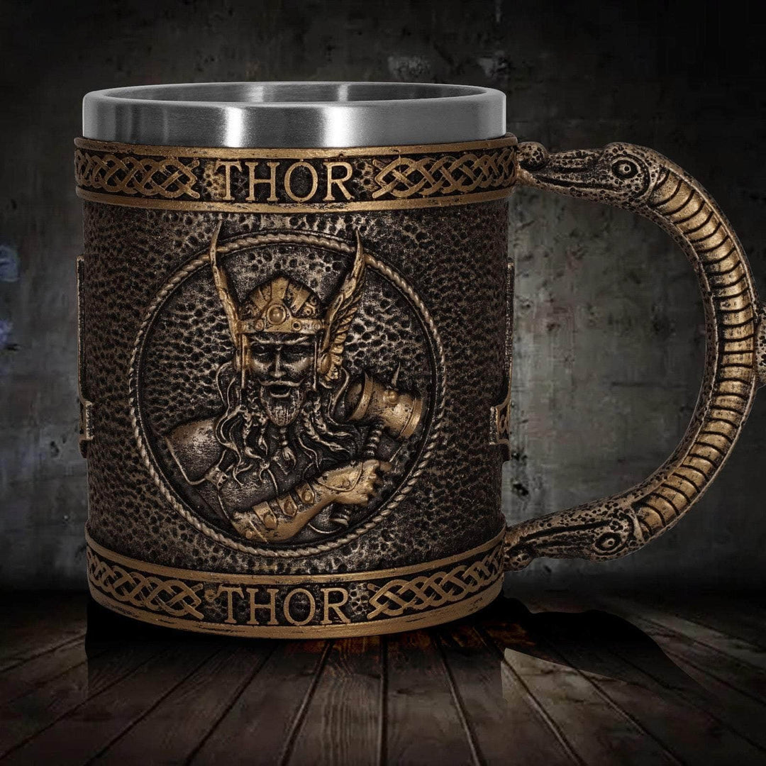 Stainless steel Viking mug with bronze Thor medallion and rope border