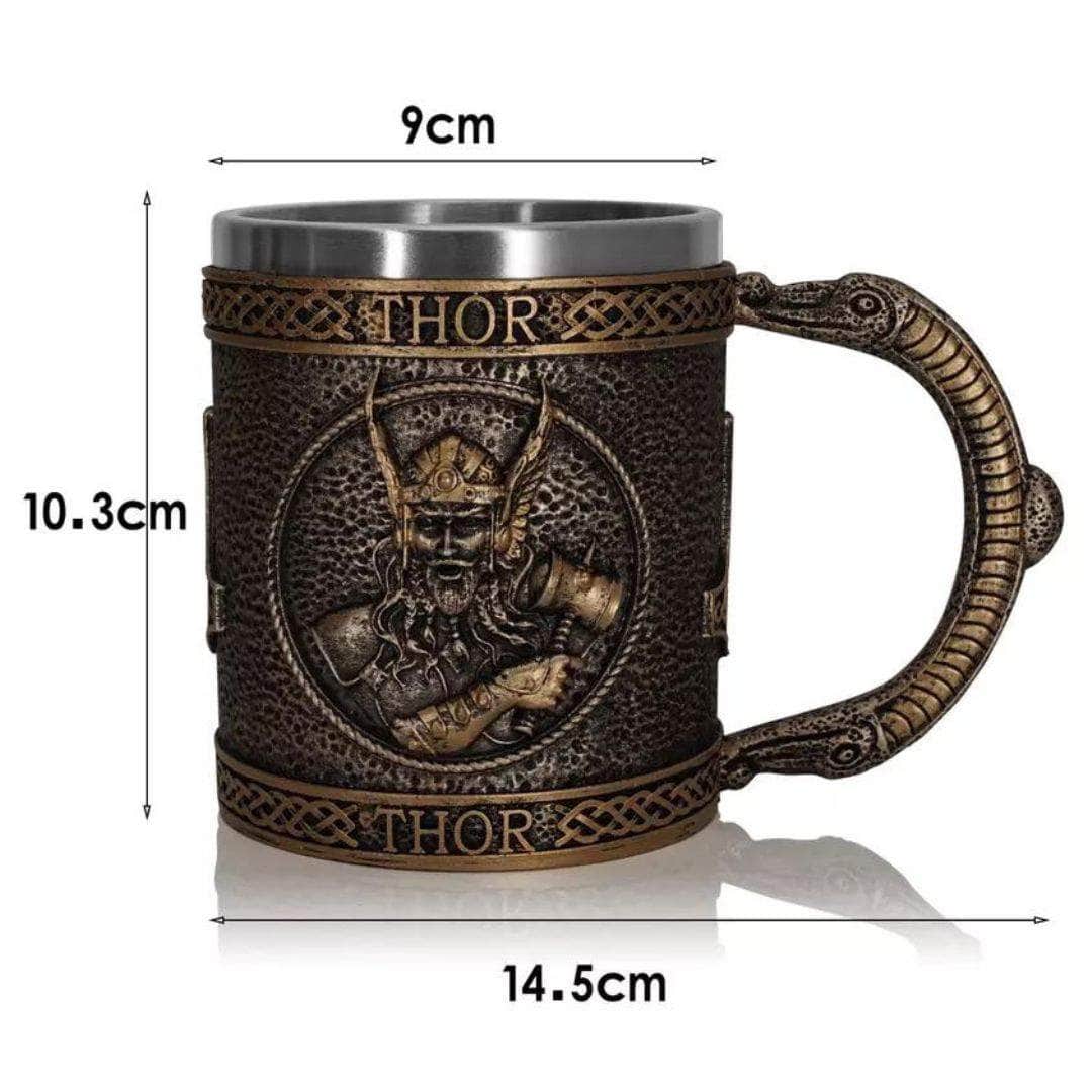 Stainless steel Thor mug with bronze wrap design and curled dragon handle