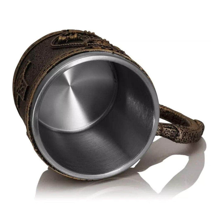 Stainless steel Viking mug showing interior and bronze textured rim with handle
