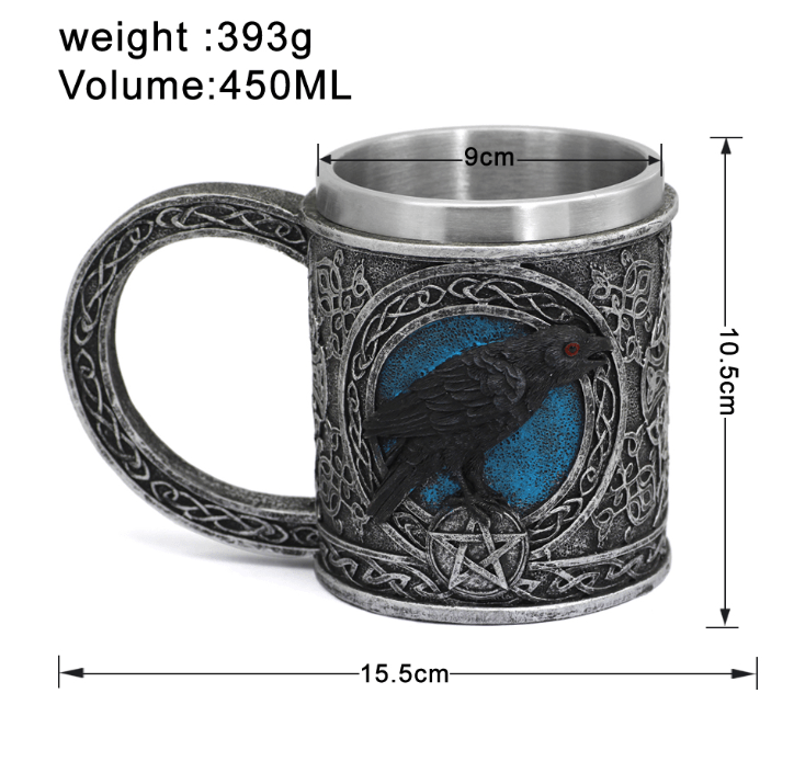 Stainless steel raven mug; weight 393g and volume 450ml, with size dimensions shown.