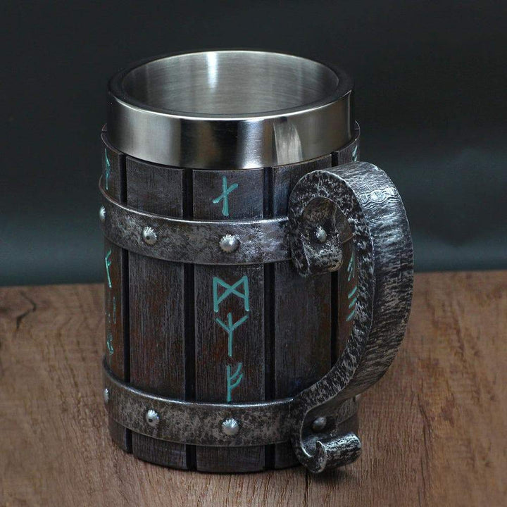 Wooden-look rune tankard mug with stainless steel rim, engraved runes, and curved handle