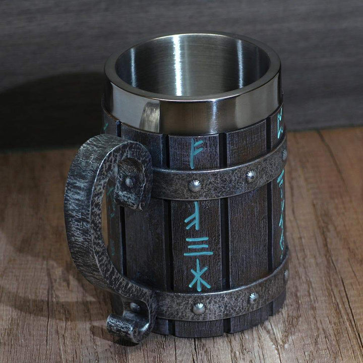 Wooden-look rune tankard mug with stainless steel top, metal band studs, and handle