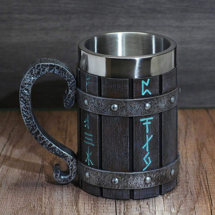 Wooden-look rune tankard mug with stainless steel top, rune markings on barrel band