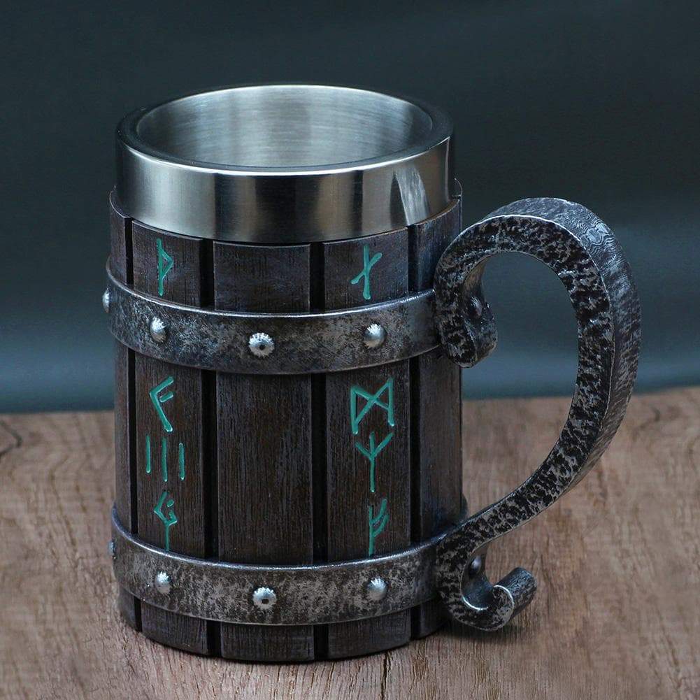 Wooden-look rune tankard mug with stainless steel rim, metal bands, and curved handle