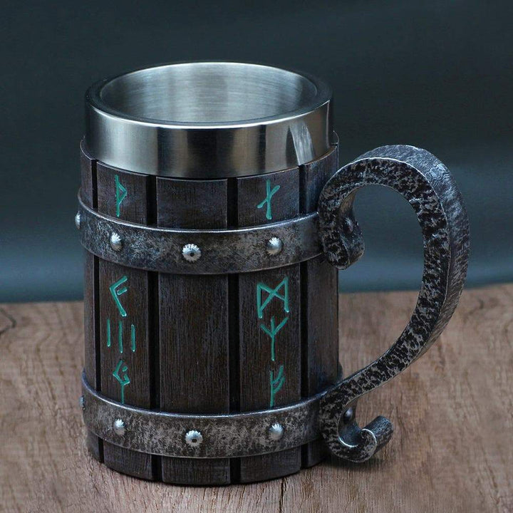 Wooden-look rune tankard mug with stainless steel rim, metal bands, and curved handle