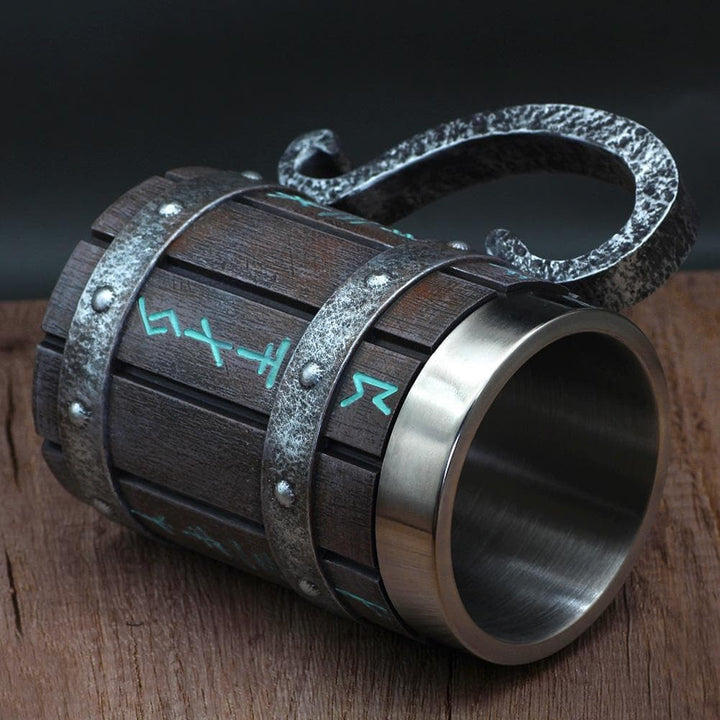 Side view of wooden-look rune tankard mug with stainless steel cup and arched handle