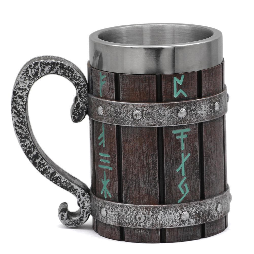 Wooden-look rune tankard mug with stainless steel rim and curled metal handle