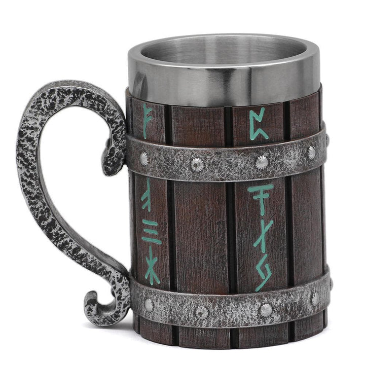 Wooden-look rune tankard mug with stainless steel rim and curled metal handle
