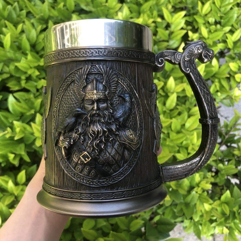 Dark brown Viking tankard mug with stainless steel rim and engraved bearded figure
