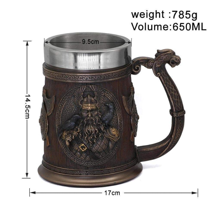 Viking-style stainless steel tankard mug with handle and engraved Norse warrior