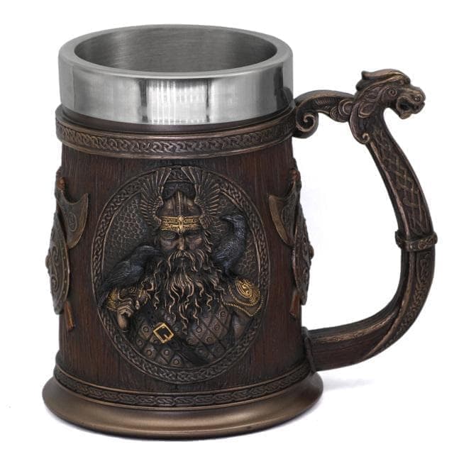 Viking-style stainless steel tankard mug with dark handle and engraved Norse figure