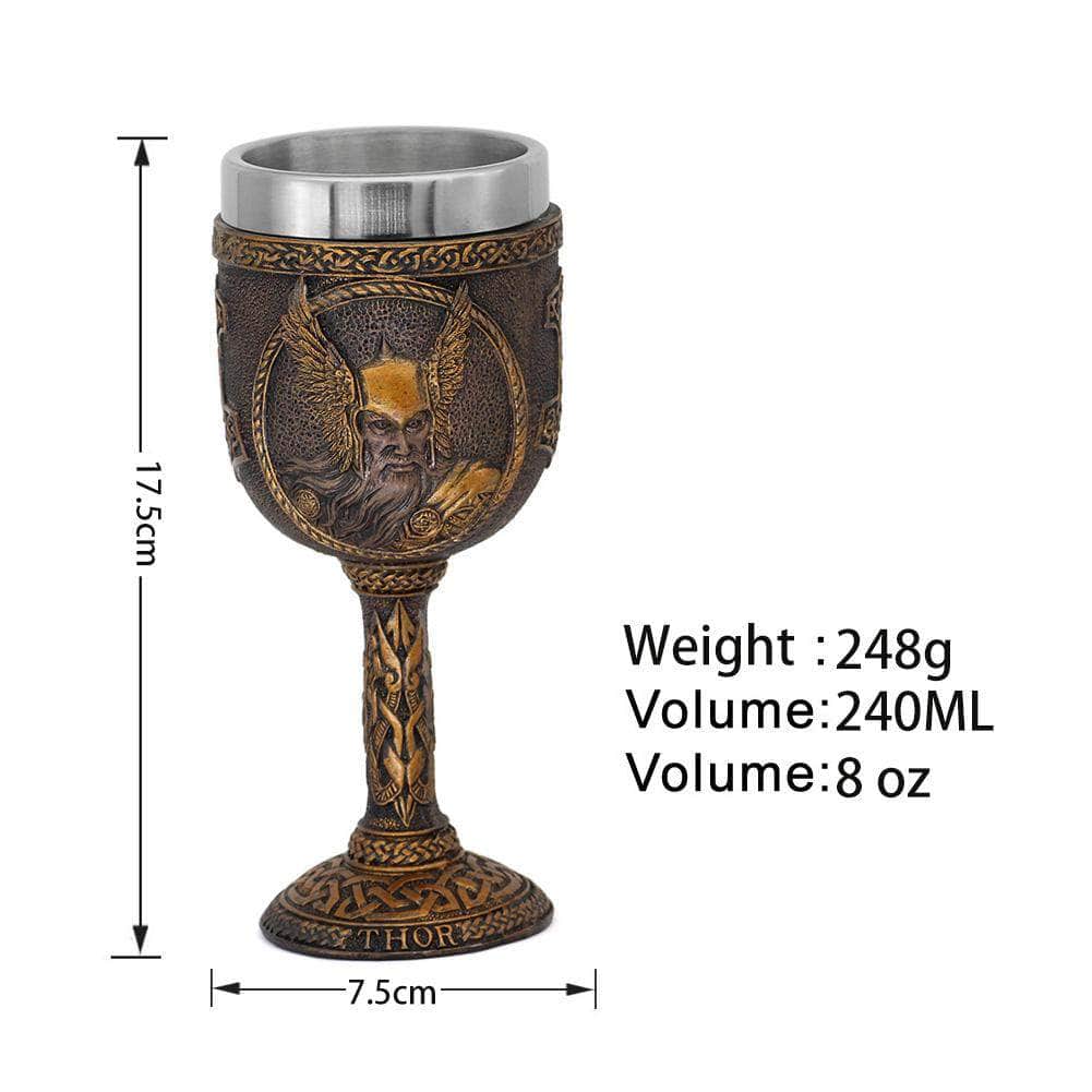 Thor drinking goblet with etched warrior; 17.5cm tall, 240ml, 248g.