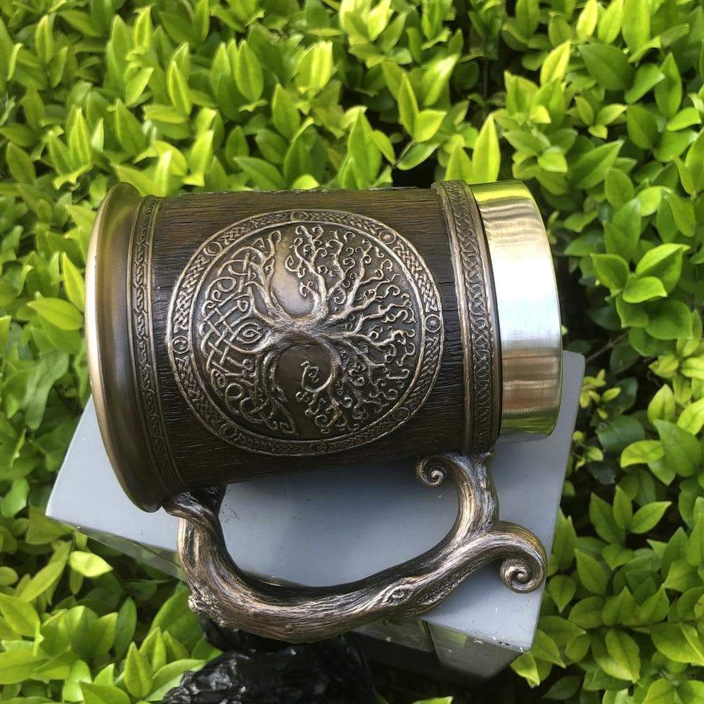 Tree of Life tankard mug, silver lid and dark band with engraved tree emblem, curved handle