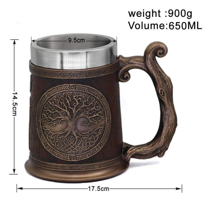 Tree of Life tankard mug front view with visible dimensions and handle