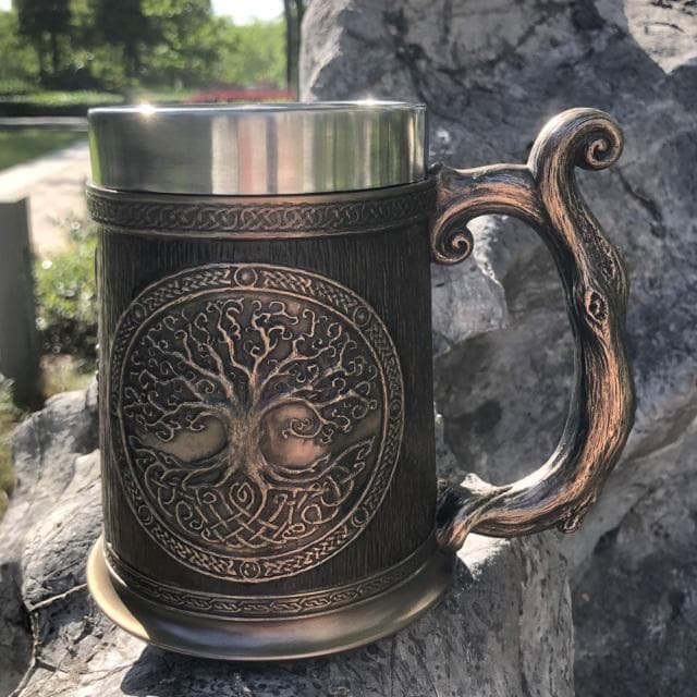 Tree of Life tankard mug with dark wrap and bronze tree medallion, ornate metal handle