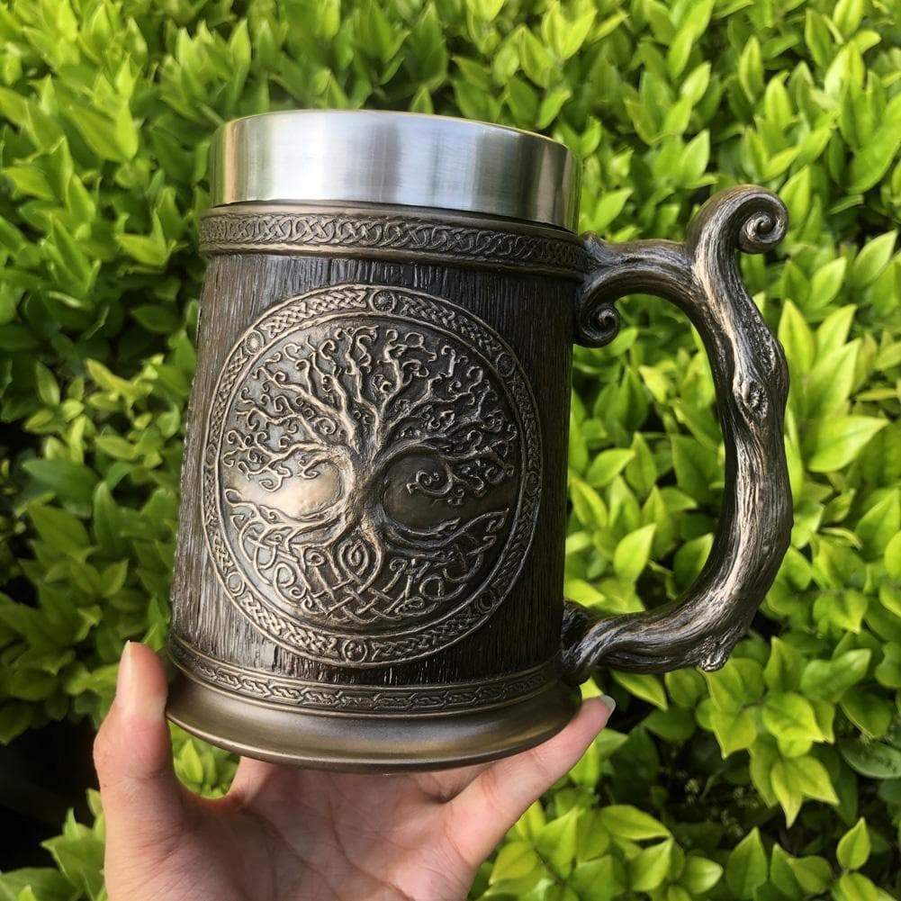 Tree of Life tankard mug with dark wrap and metal handle, engraved circular tree design