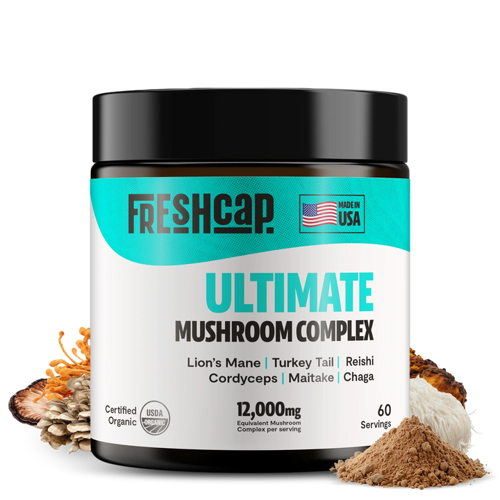 Freshcap Ultimate mushroom complex powder blend jar with “Made in USA” badge