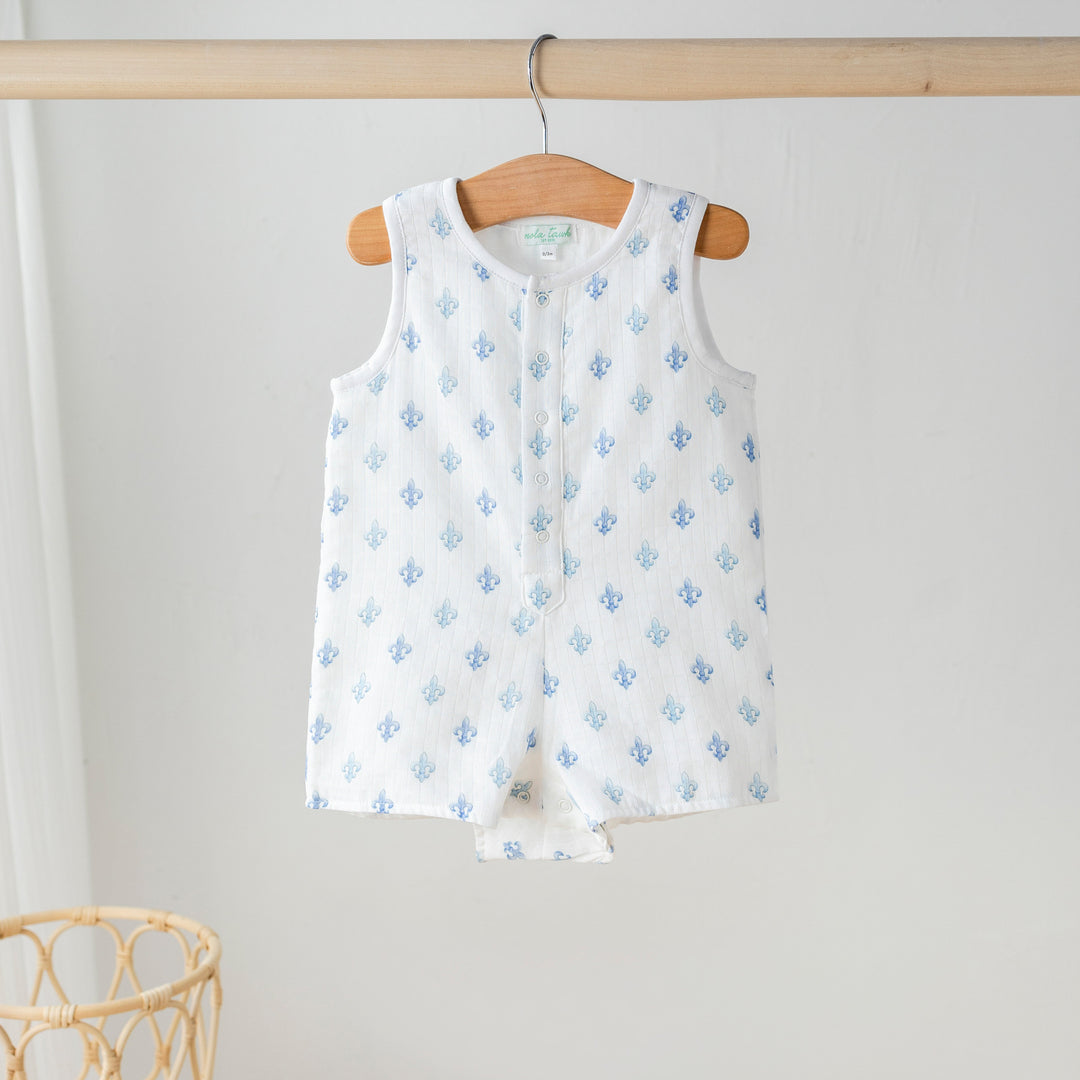 Organic muslin shortall with all-over light blue anchor print, sleeveless romper